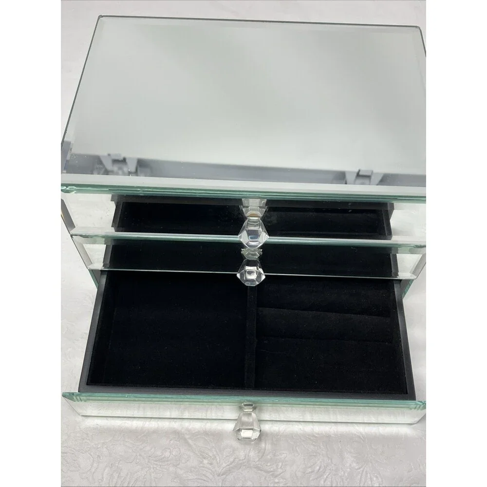 Mirrored Jewelry Box 3 Drawer Glass Organizer Crystal Knobs Ring Tray 9x6x5.5”